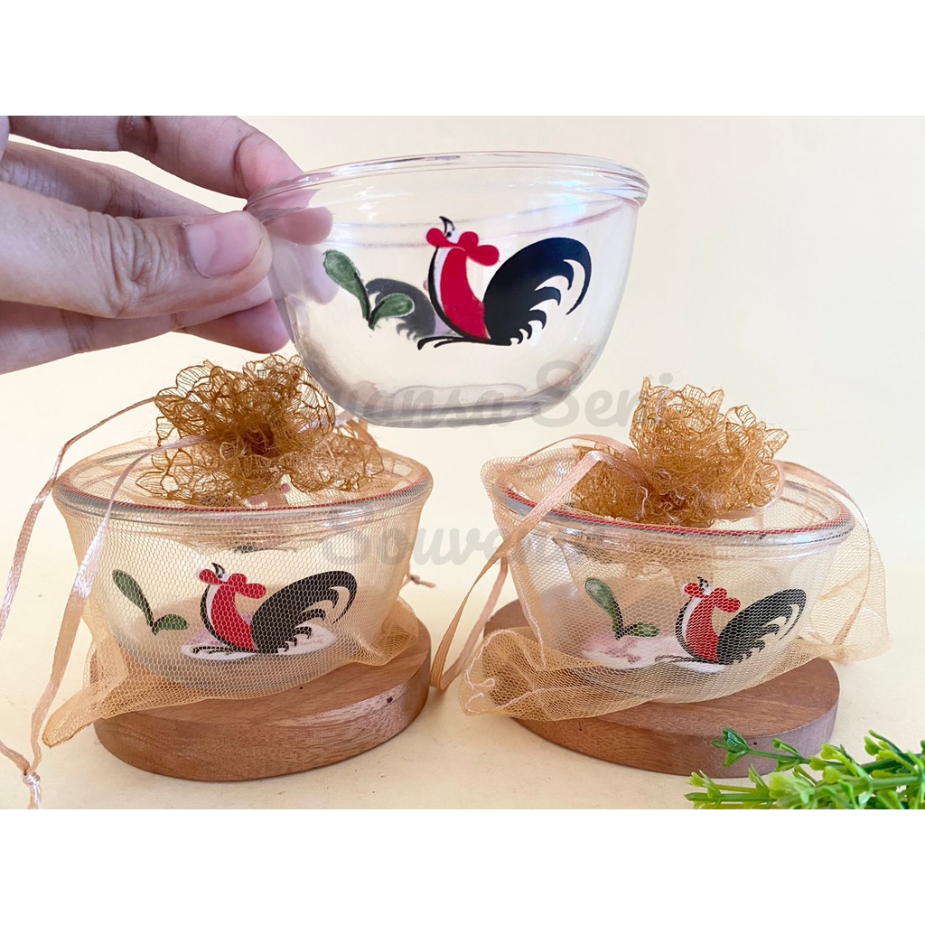 Souvenir Mangkok Sambal Kaca BIB4B Ayam Jago Mangkuk Kobokan Beling Mangkok Saos Motif Ayam Bening