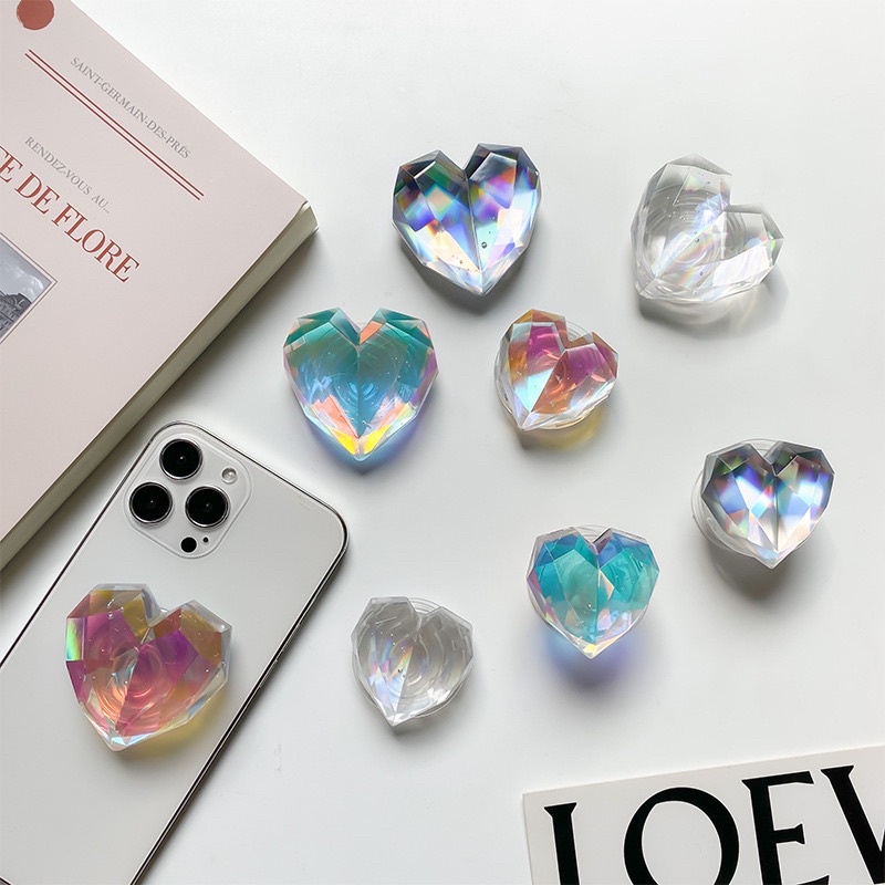 Pink Hologram Crystal Heart Popsocket Phone Holder Pegangan HP