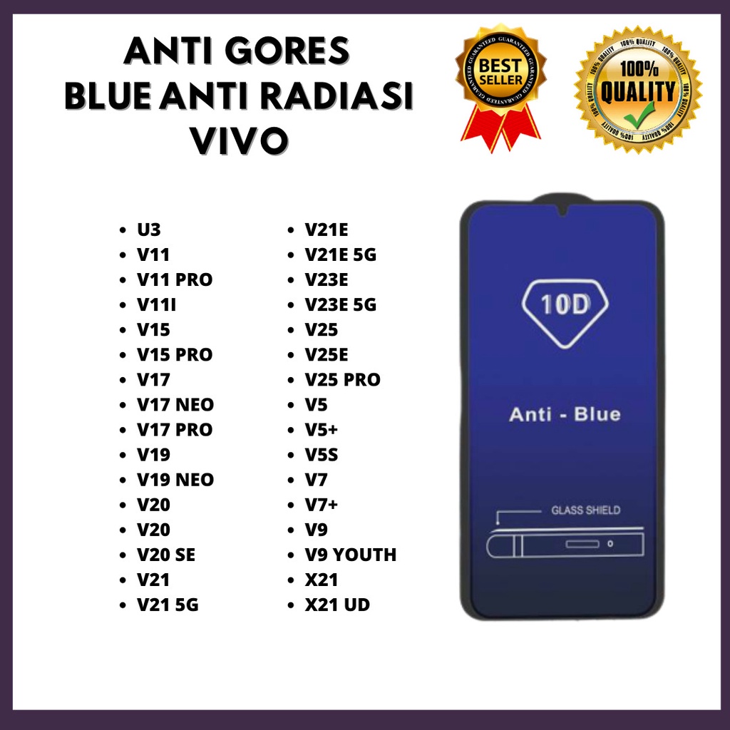 TEMPERED GLASS ANTII BLUE - VIVO U3-V11-V11 PRO-V11I-V15-V15 PRO-V17-V17 NEO-V17 PRO-V19-V19 NEO-V20-V20 SE-V21-V21 5G-V21E-V21E 5G-V23E-V23E 5G-V25-V25E-V25 PRO-V5-V5 PLUS-V5S-V7-V7PLUS-V9-V9 YOUTH-X21-X21 UD (HOKKY ACC)