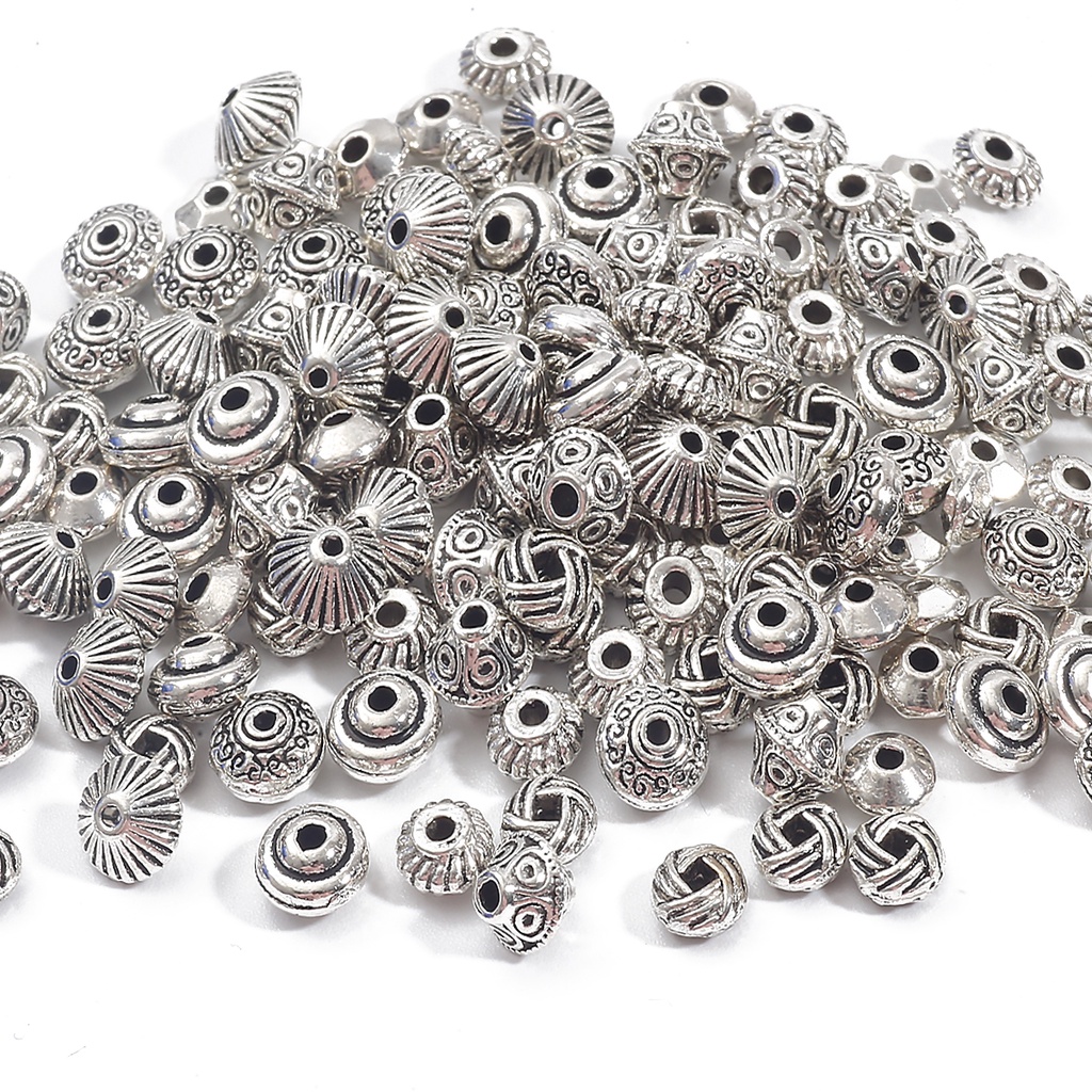 30 Pcs/50 Pcs 6Mm 7Mm Campuran Tibet Perak Disepuh Manik-manik untuk Membuat Perhiasan Gelang DIY Kerajinan Temuan Natal Perlengkapan Ornamen