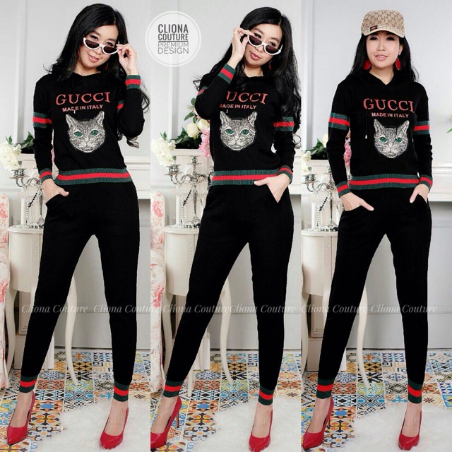 18611 SET GU*CCI CAT HOODIE BLACK/setelan muslimah/setelan hijaber/setelan sporty/setelan wanita/set