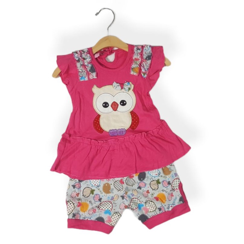 SETELAN FASHION ANAK PEREMPUAN 1 TAHUN MOTIF OWEL CELANA HP BORDIR PINK FANTA BIRU