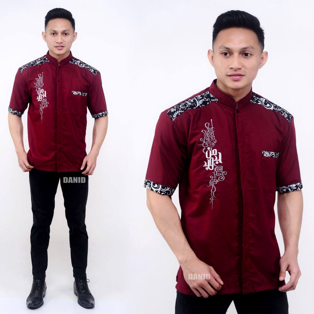 baju koko pria lengan pendek terbaru 2021 koko batik kombinasi bordil