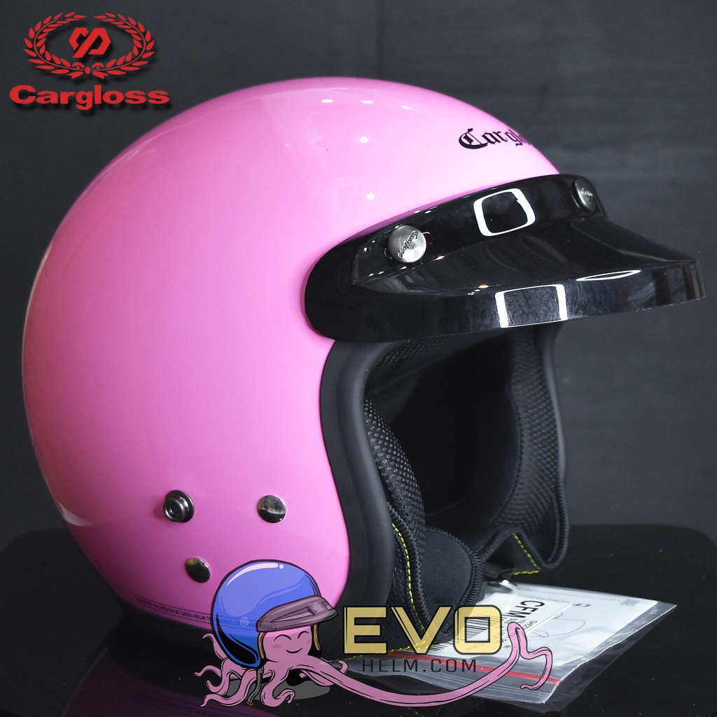 HELM CARGLOSS ORIGINAL CFM RETRO ARMY HALF FACE - MILKSHAKE PINK PASTEL METALIC + KACA DATAR