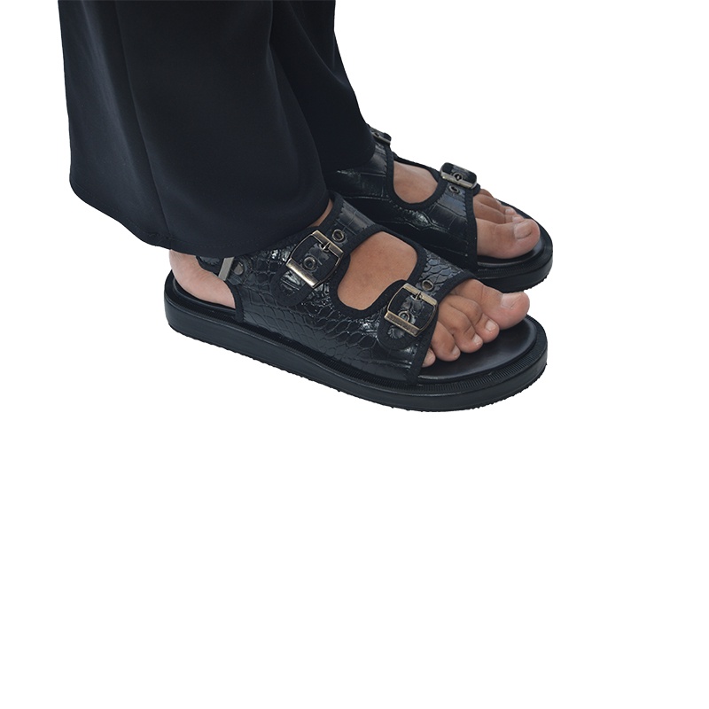 THREE BOX - Sandal Platform Wedges Tali Wanita Medium Jumbo - CRONIL CROCO BLACK