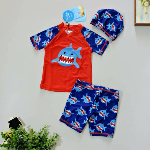 R54 - BAJU RENANG ANAK PREMIUM SWIMMING SET 3IN1 MONSTER SHARK (PREMIUM IMPORT)