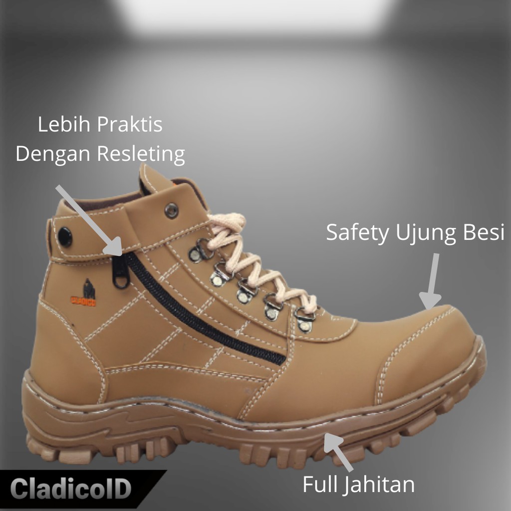 Sepatu Boots Pria Safety Ujung Besi dengan Resleting Outdoor Kerja Lapangan Boot Proyek Sefty Shoes Luar Ruangan Hiking Mendaki Gunung Berkendara Cladico Liontinggi