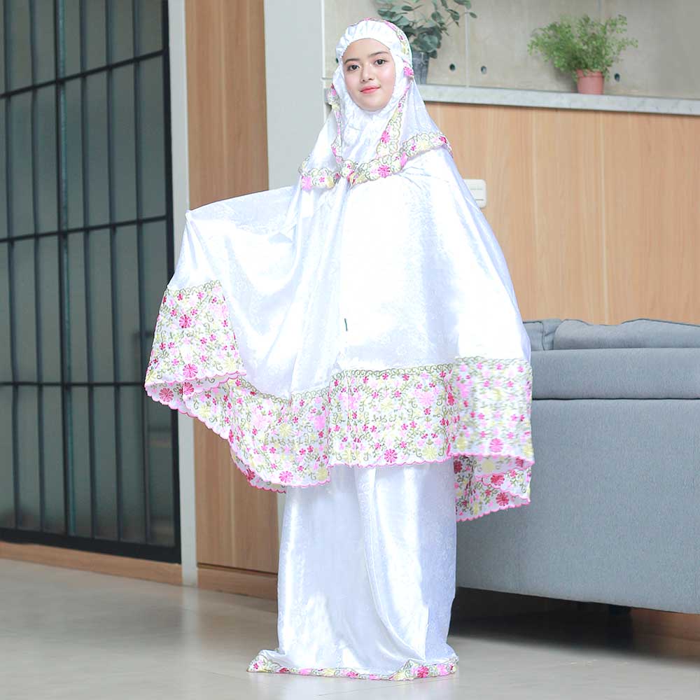 2 Warna Mukena Motif Inficlo Premium Bahan Semi Sutra Putih Lembut Adem