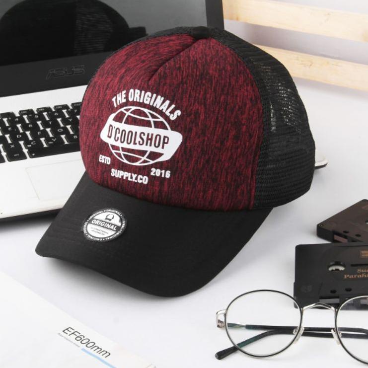 ☺ D'COOL SHOP | Topi Jaring Distro Pria Original / Trucker Hat Maroon Black ☝