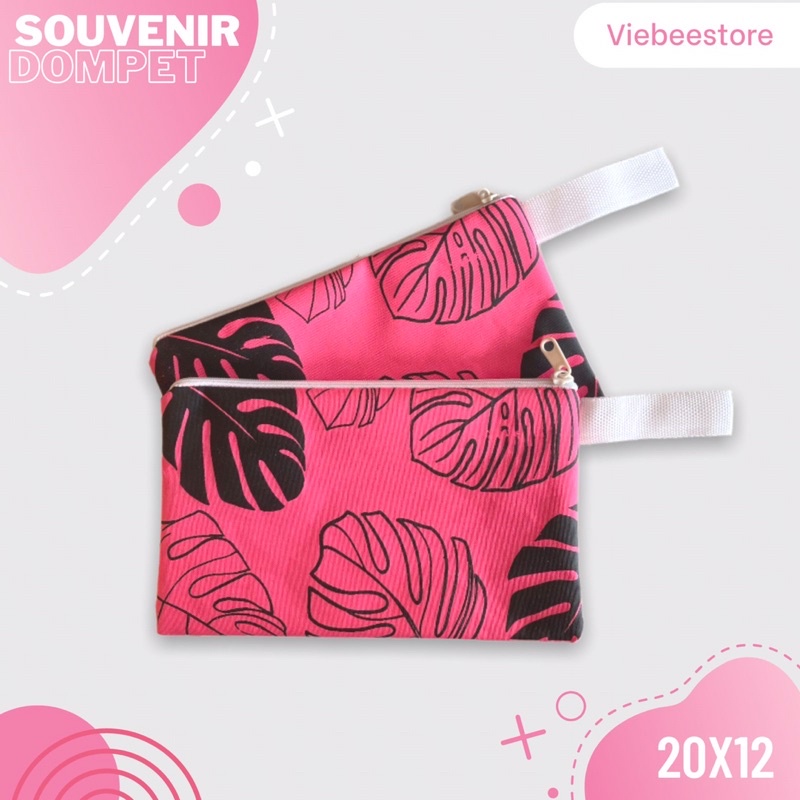 POUCH KEKINIAN SEMI KANVAS MOTIF MONSTERA PINK 20X12