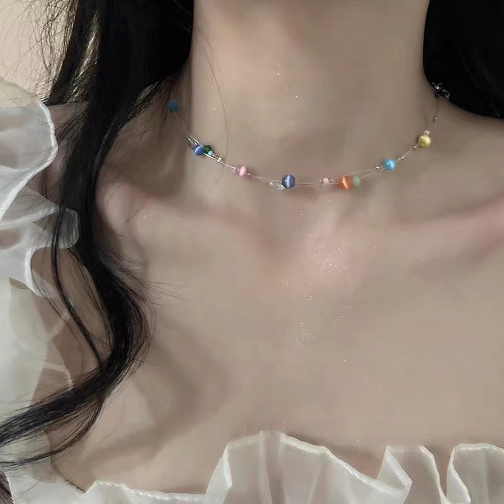 Kalung Tali Pancing Manik-Manik Opal Warna-Warni Untuk Wanita