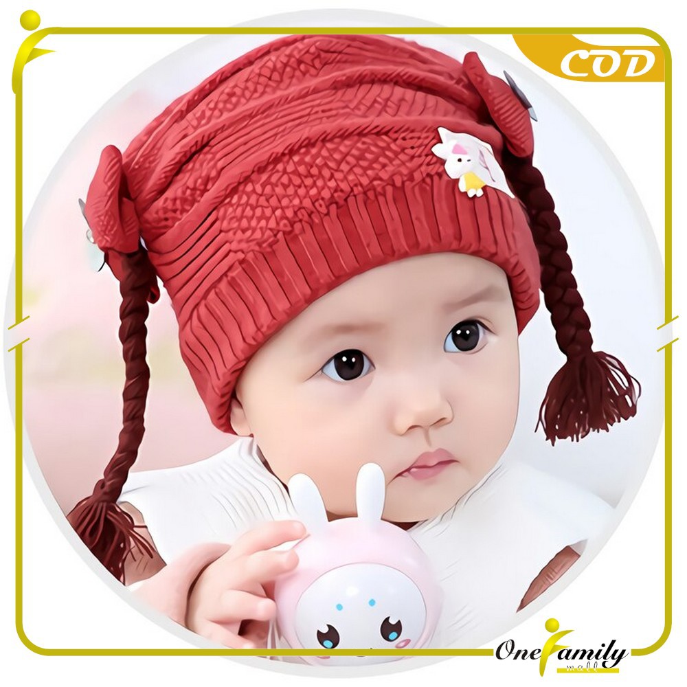 ONE-P19-21 Topi Anak Perempuan Rambut Kepang / Topi Bayi Kupluk Rajut Imut Lucu / Baby Hat Wig Impor-1