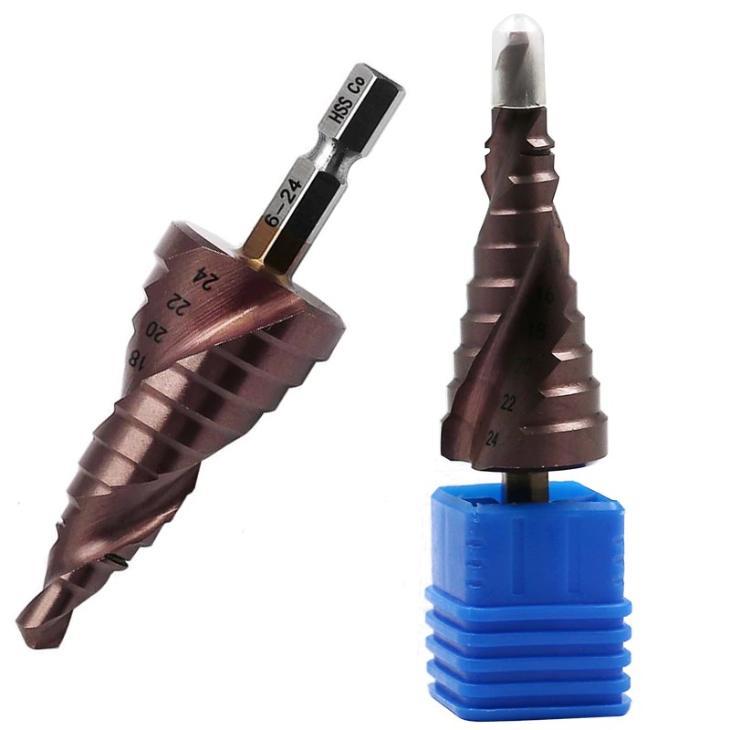 FREE ONGKIR HSS-Co Cobalt Spiral Grooved Step Drill Bits 1/4" Hex Shank Wood Metal Cone Drilling