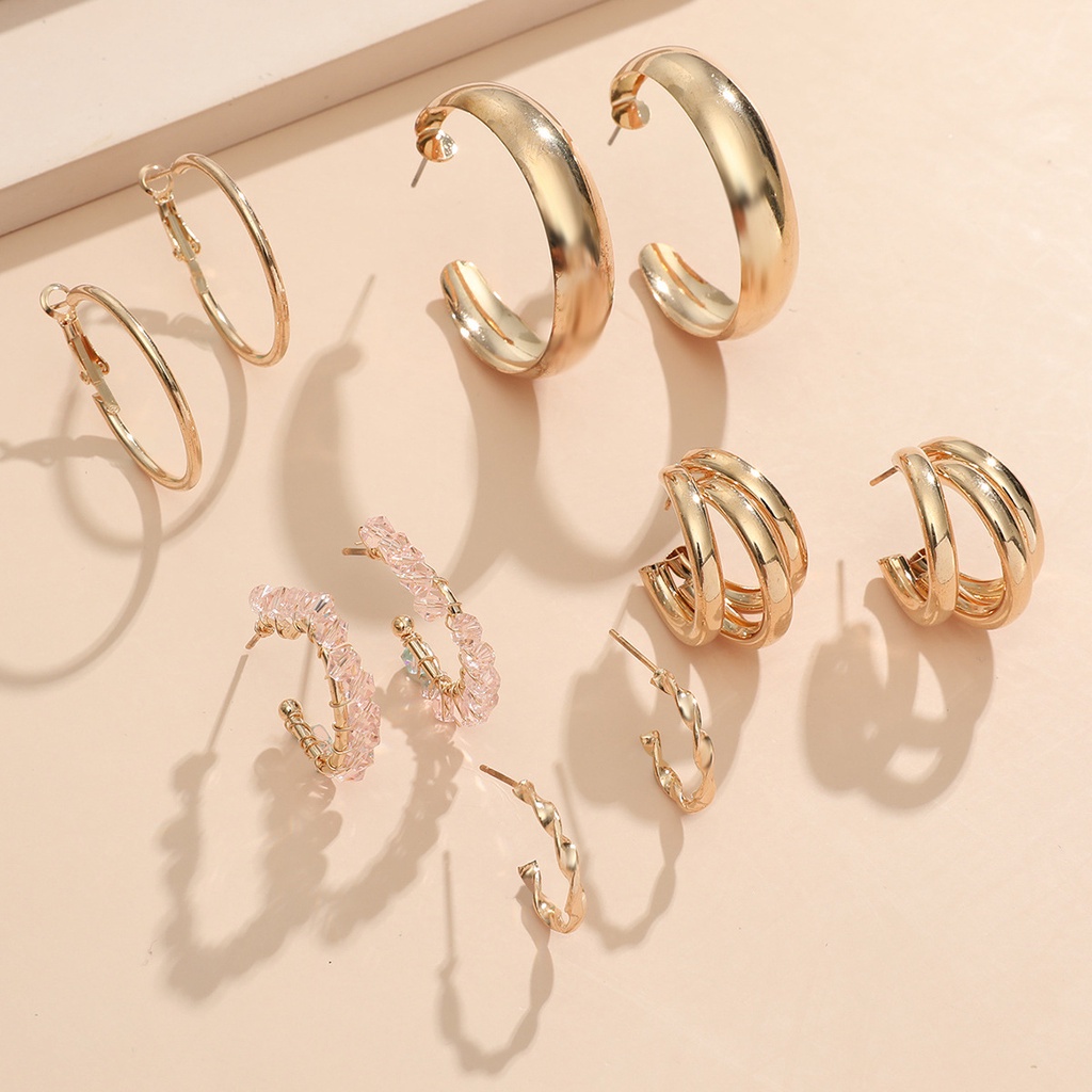 5pcs / set Anting hoop Bentuk C Geometris Bahan alloy Gaya Eropa Amerika