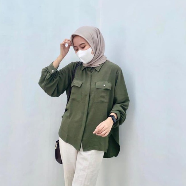 Tq88indonesia Blouse Kemeja Wanita Kekinian Terbaru / Kem Karina Oversize Blouse / Blus  / Baju Atasan Wanita Terbaru / Ootd / Baju Santai Wanita / Kemeja Polos Wanita / Kemeja Army Wanita