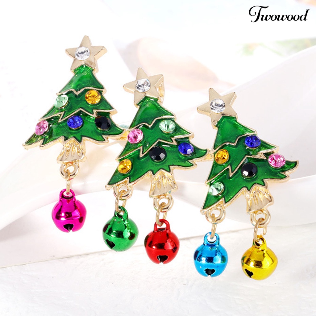 Twowood Christmas Tree Shape Brooch Pin Rhinestone Alloy Colorful Bells Pendant Enamel Pin Friends Gift