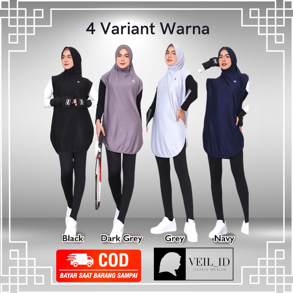[Bisa COD] Hijab Sport + Rompi Long Vest Outer Instan Olahraga, Outfit Olahraga Fashionable Muslimah 2in1, Hijab Set Panjang Olahraga-2