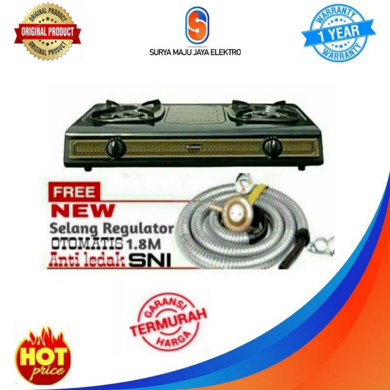 kompor gas rinnai 2 tungku plus selang regulator paket anti ledak