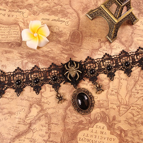 Vintage Gothic Embroidery Spider Choker with Stone Pendant 8514