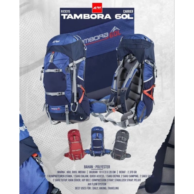 tas gunung Carrier original Arei Tambora 60L dapat coverbag arei outdoorgear