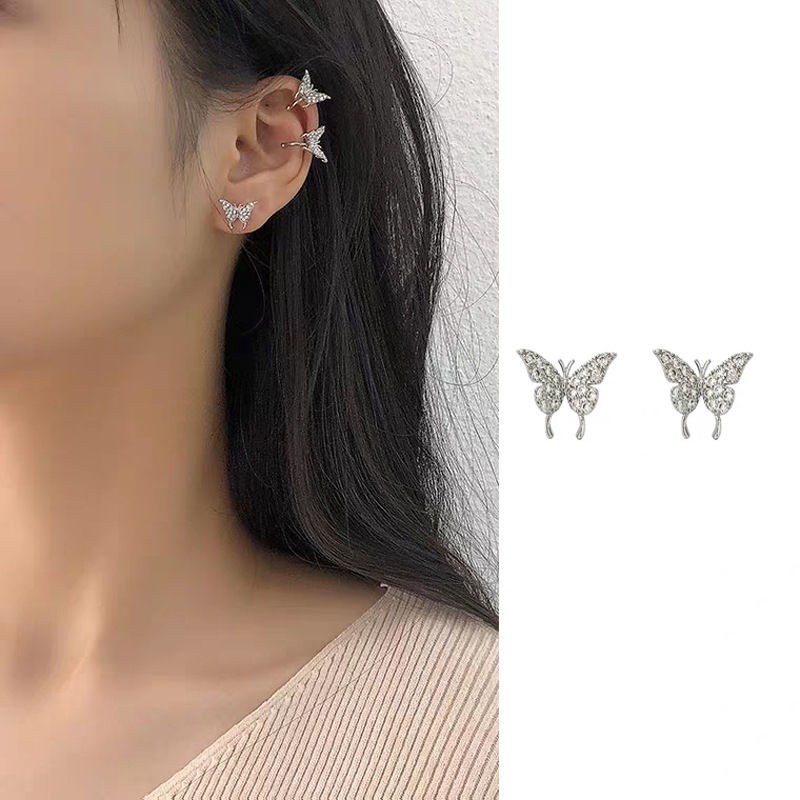 Anting Klip Tulang Telinga Desain Kupu-Kupu Aksen Berlian Bahan 925 Silver Needle