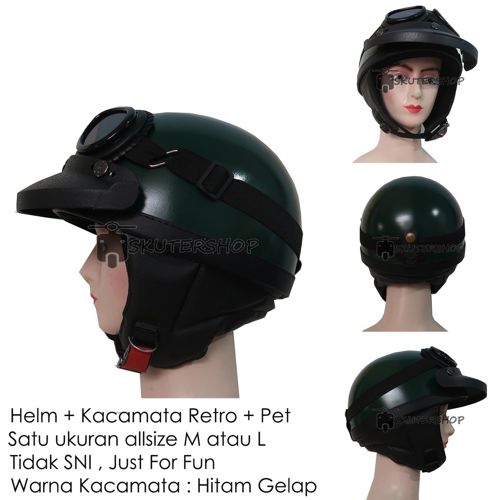 Skutershop Helm Chip Chips Club New Retro Klasik Jap Style Hijau Army Doff + Pet + Kacamata Retro