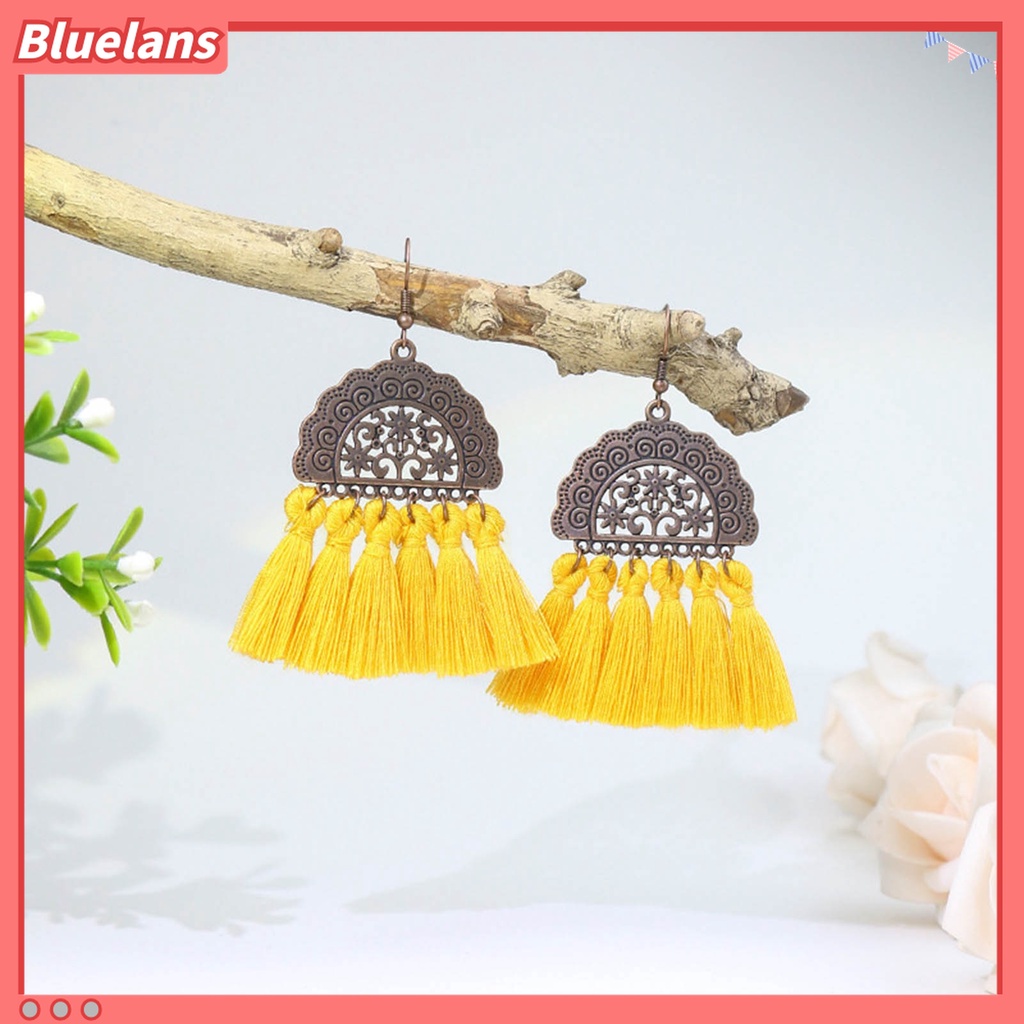 1 Pasang Anting Rumbai Panjang Bentuk Kipas Bahan Alloy Gaya Bohemia Untuk Pesta