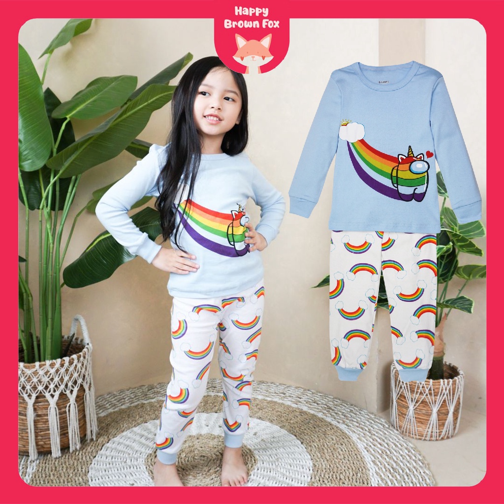 BAJU TIDUR PIYAMA ANAK HAPPYBROWNFOX SETELAN ANAK PEREMPUAN LENGAN PANJANG - among us cloud rainbow
