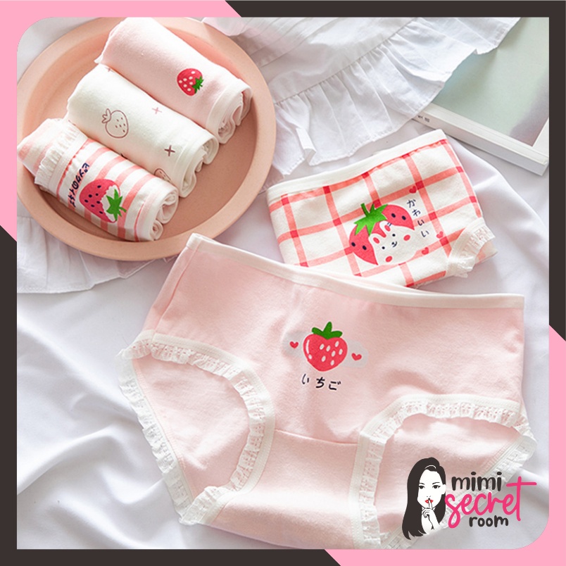 ❤ MIMI ❤ CD imut fashion Undies Celana Dalam Wanita Motif Renda Strawberry IMport Murah