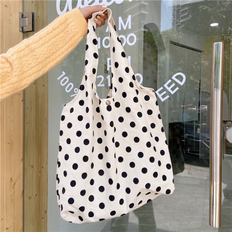 tote bag kanvas motif polkadot tas ukuran besar kain premium fashion wanita dewasa perempuan korea m