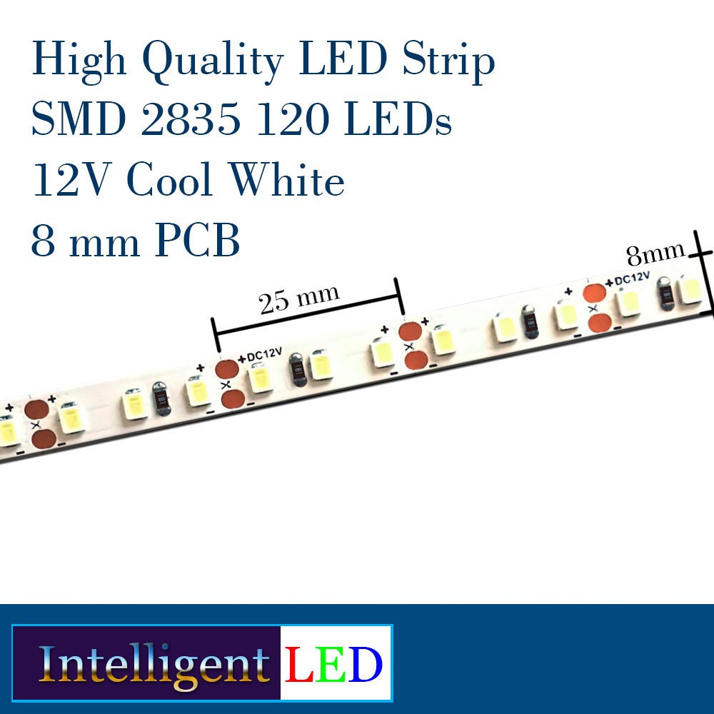 LED Strip SMD 2835 120 LEDs 5m/roll Cool White 12V 8.5Watt PCB 8mm