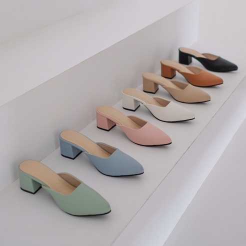 H-0102 Block Heels Mules Wanita 5cm Pastel Color