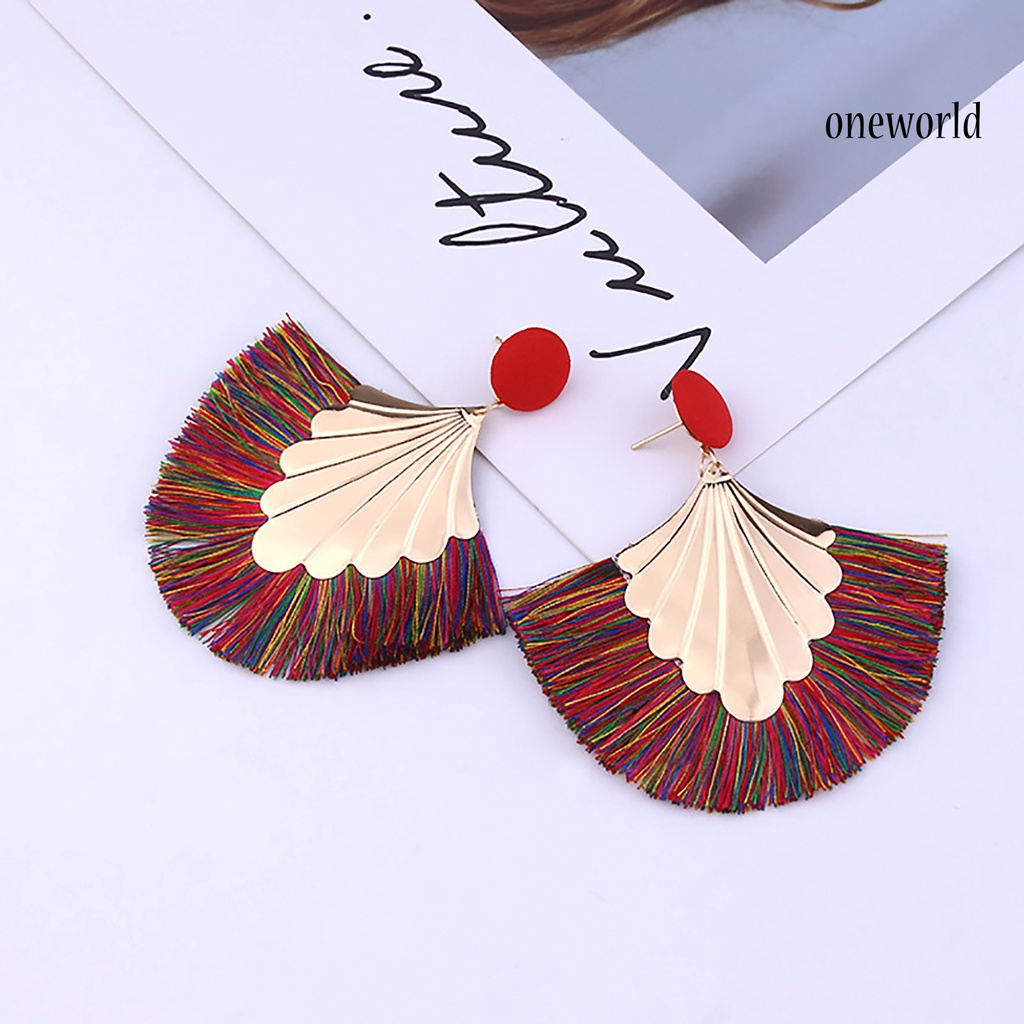 OW@ 1 Pair Women Creative Bohemia Fringed Fan Shape Dangle Earrings Jewelry Gift for Party