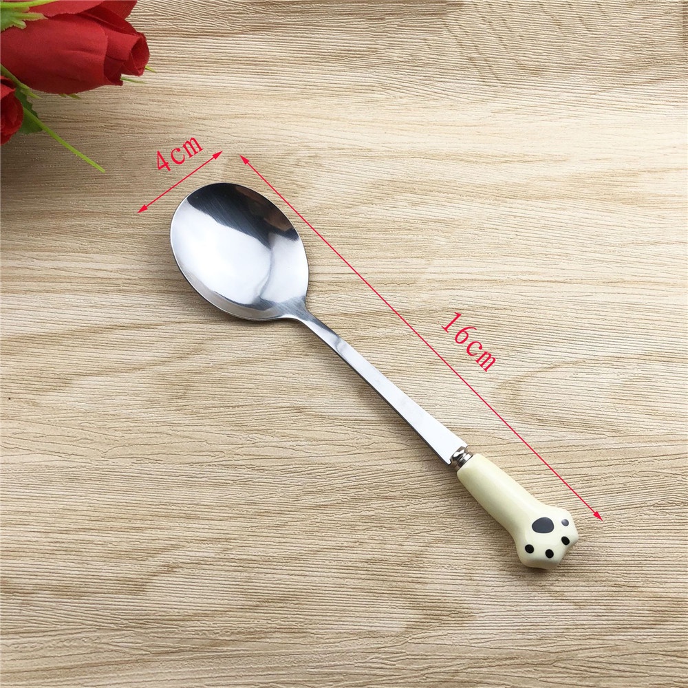 1pc Sendok Garpu Buah / Kue / Dessert Bahan Stainless Steel Dengan Gagang Keramik Bentuk Cakar Kucing