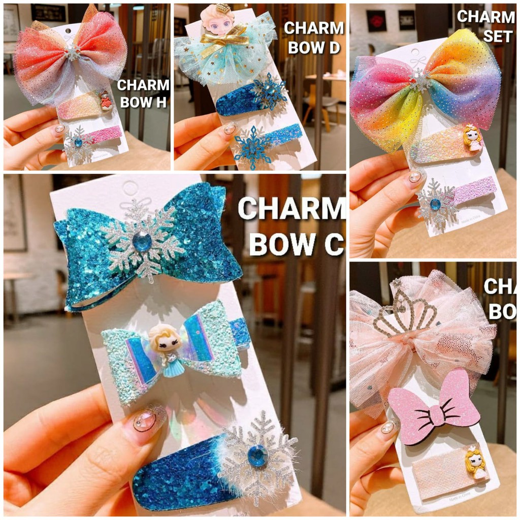 JEPIT RAMBUT ANAK KOREA PRINCESS AURORA / JEPITAN RAMBUT RAINBOW / CHARM BOW SET ISI 3 PCS PINK PITA