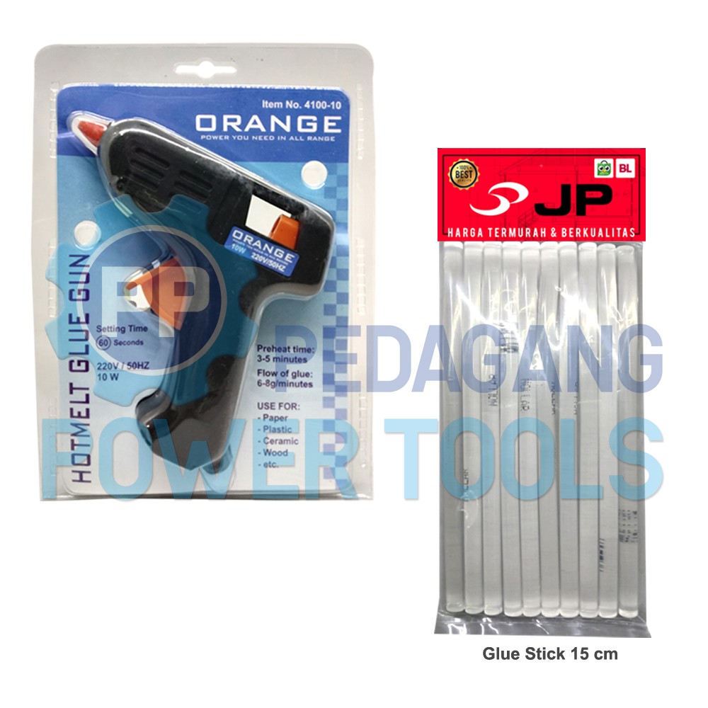 PAKET ORANGE GLUE GUN 10 WATT &amp; 10 PCS REFILL LILIN LEM TEMBAK BAKAR
