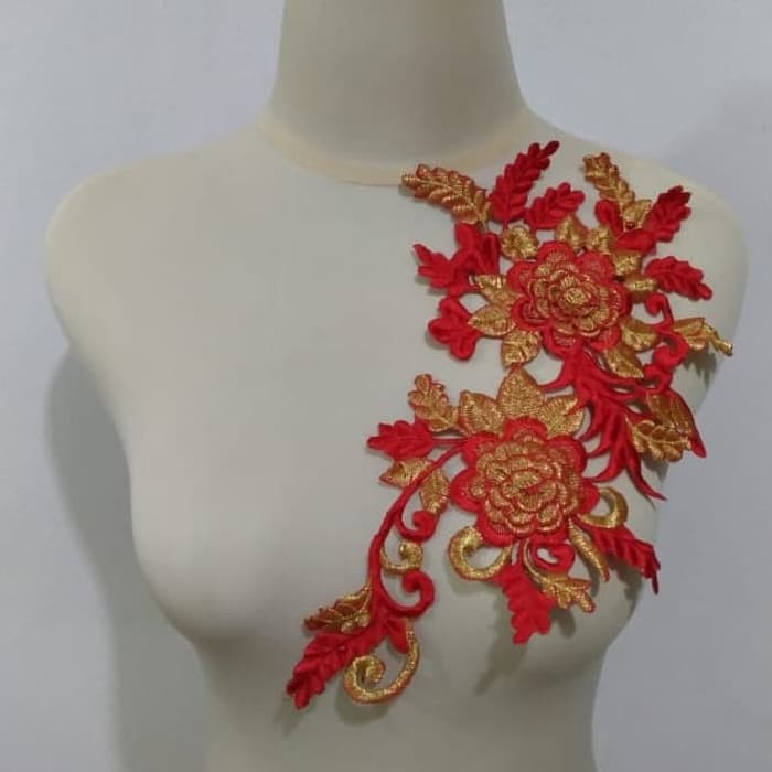 BIG SALE RENDA APLIKASI BORDIR BUNGA 2 WARNA (MERAH-EMAS) 