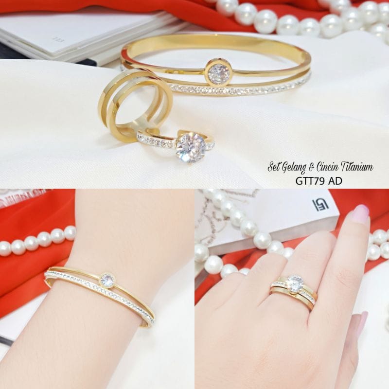 SET PERHIASAN STAINLESS STEEL/SET CINCIN DAN GELANG TITANIUM GOLD PREMIUM ANTI KARAT DAN ANTI ALERGI