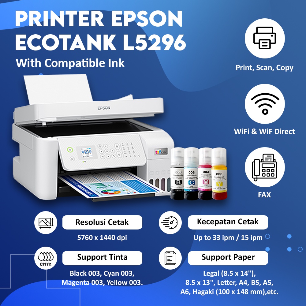 Printer Epson L5290 Black / L5296 White WiFi Ink Tank EcoTank Print Scan Copy Fax ADF Tinta 003 (Scan Up To F4)