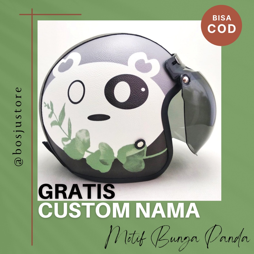 Helem Bogo Motif Mata Panda Bunga | Custom Warna Nama | Hlem Retro Klasik Anak Cewek Wanita Remaja D