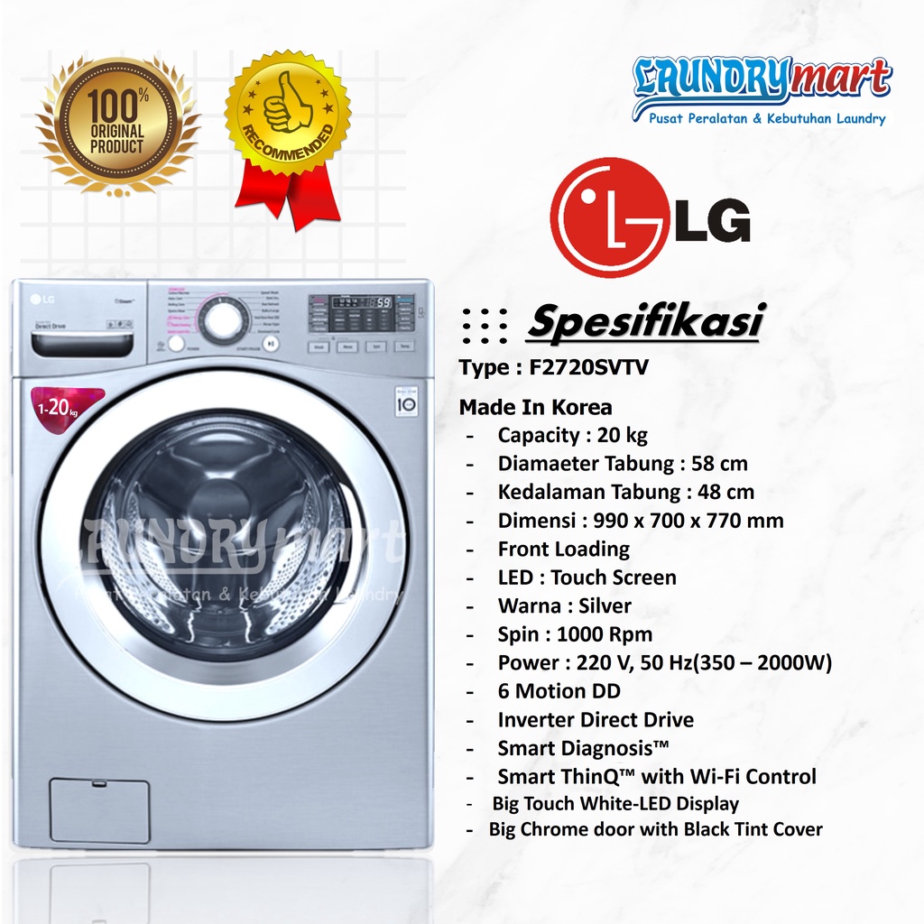 MESIN CUCI LAUNDRY/MESIN CUCI FRONT LOADING LG 20KG - F2720SVTV