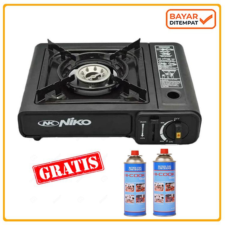 Paket Kompor Portable NIKO / Camping + 2 Gas Kaleng HI-COOK 230 G original