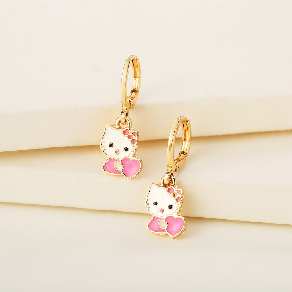 Y129【Pengiriman di tempat】Anting Anak Hello Kitty Karakter Kartun Dessy &amp; Bulat Perhiasan Lapis Emas Anting Anak Little Hello Kitty Pink