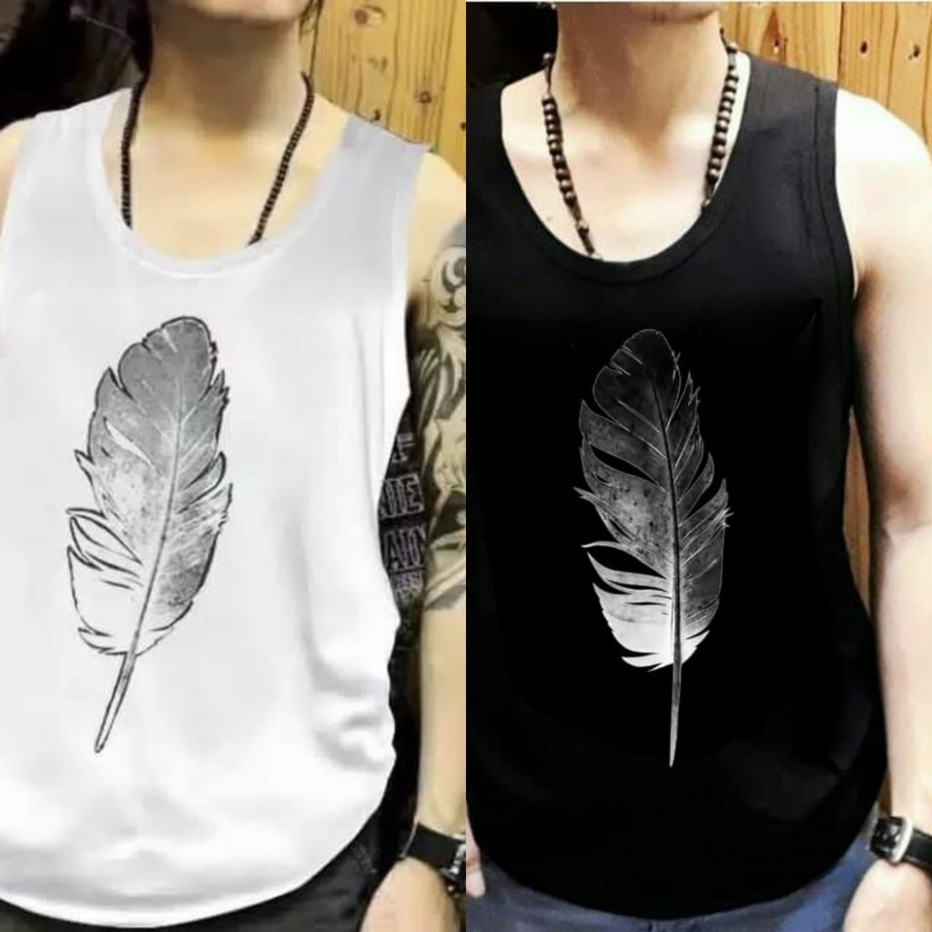 [COD] Shalch trendy - Singlet Pria Gambar Bulu hitam / putih