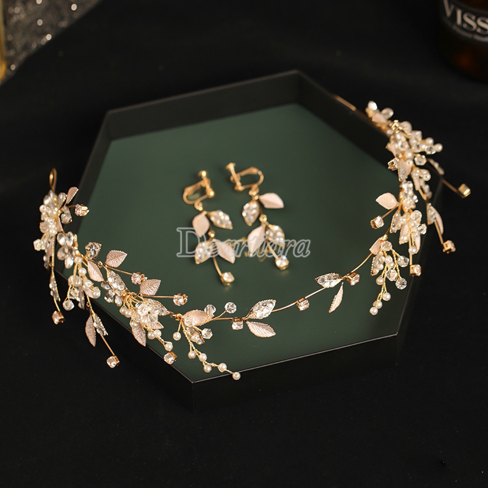 Original Bridal Headgear European and American Leaf Crystal Headband Earrings Set