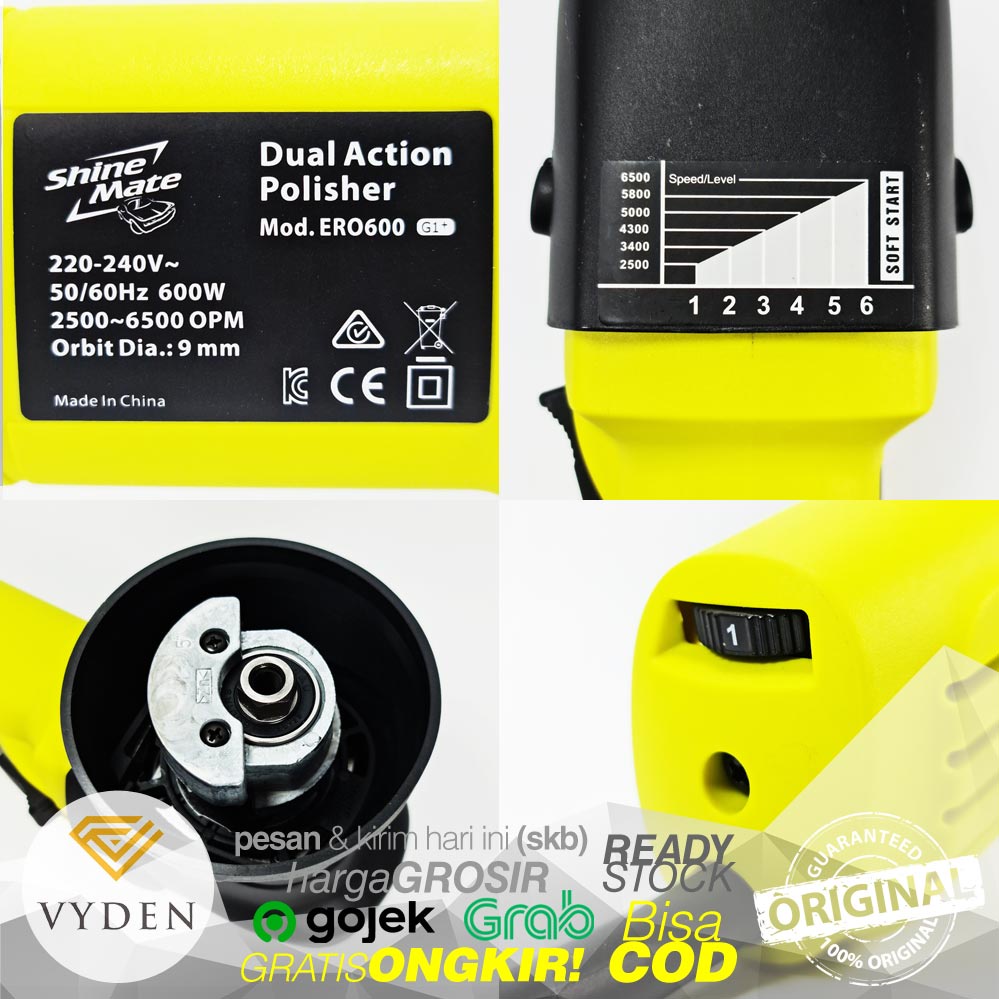 Mesin Poles Body Mobil Dual Action Polisher Shinemate ERO600 G1+ Gratis 3 Pad Perawatan Otomotif