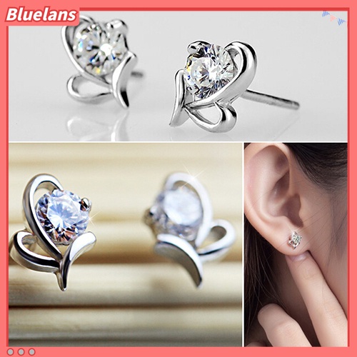 Anting Stud 925 Sterling Silver Bentuk Hati Bulat Aksen Zircon Untuk Wanita