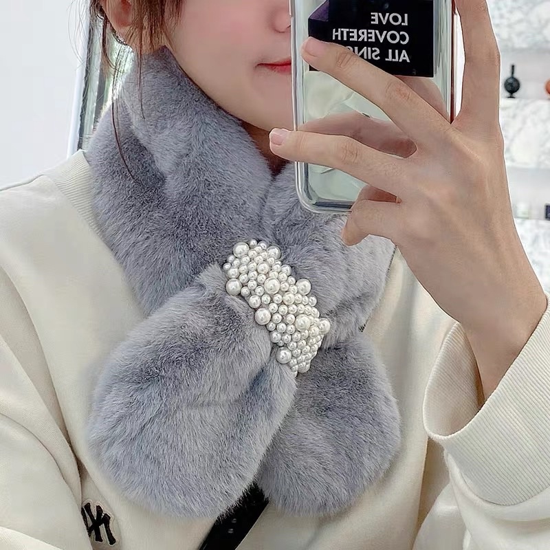 Fur scarf pearl syal bulu import hangat aksesoris mutiara korean style winter faux