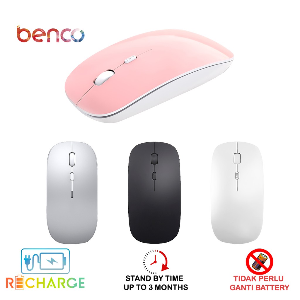 BENCO Mouse Wireless 2.4G Silent Click Optical 1600DPI Receiver USB Charger Untuk Laptop Pc Windows Linux Mac dan ChromeOS