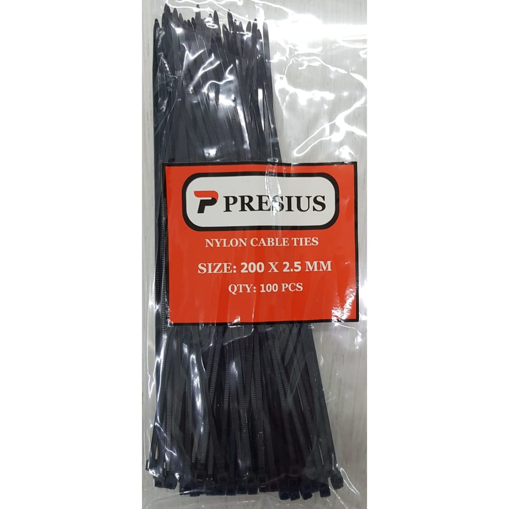 PRESIUS KABEL TIES HITAM 200 X 2.5 MM (GROSIR) ISI 100 PCS ASLI NILON CABLE TIE TIS NYLON 2,5